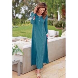 Soft Surroundings Anneli Jersey Maxi Dress Womens 3X Teal Blue Embroidered Cuffs